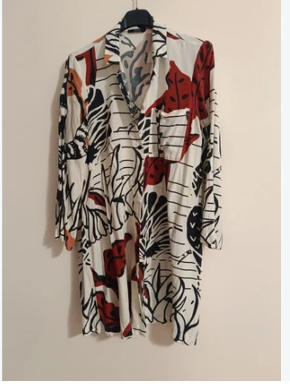 Abstract Floral Longline Shirt Tunic in White, Black & Rust
